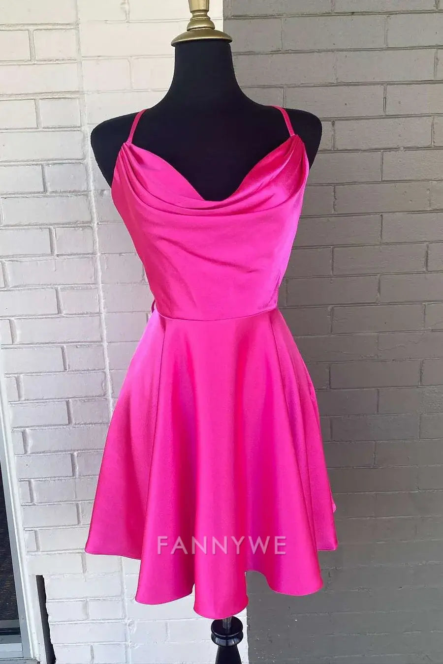 FannyWe Simple Neon Pink Cowl Neck Lace-Up A-Line Homecoming Dress formal wear dresses